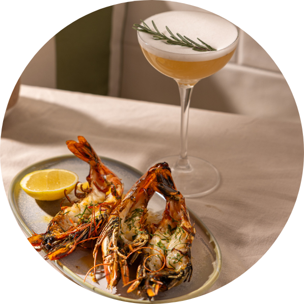 king prawns and olio sour circle